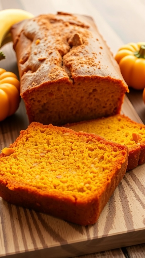 Sliced pumpkin banana bread on a wooden table with bananas and a pumpkin.